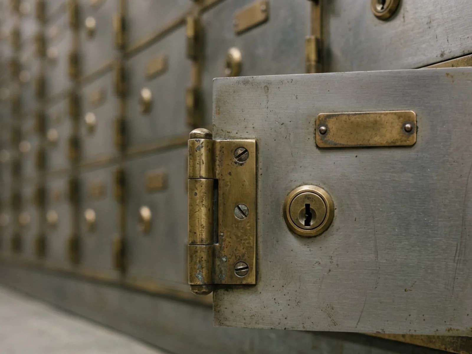Close detail of a bank safe deposit box keyhole and hinge.
